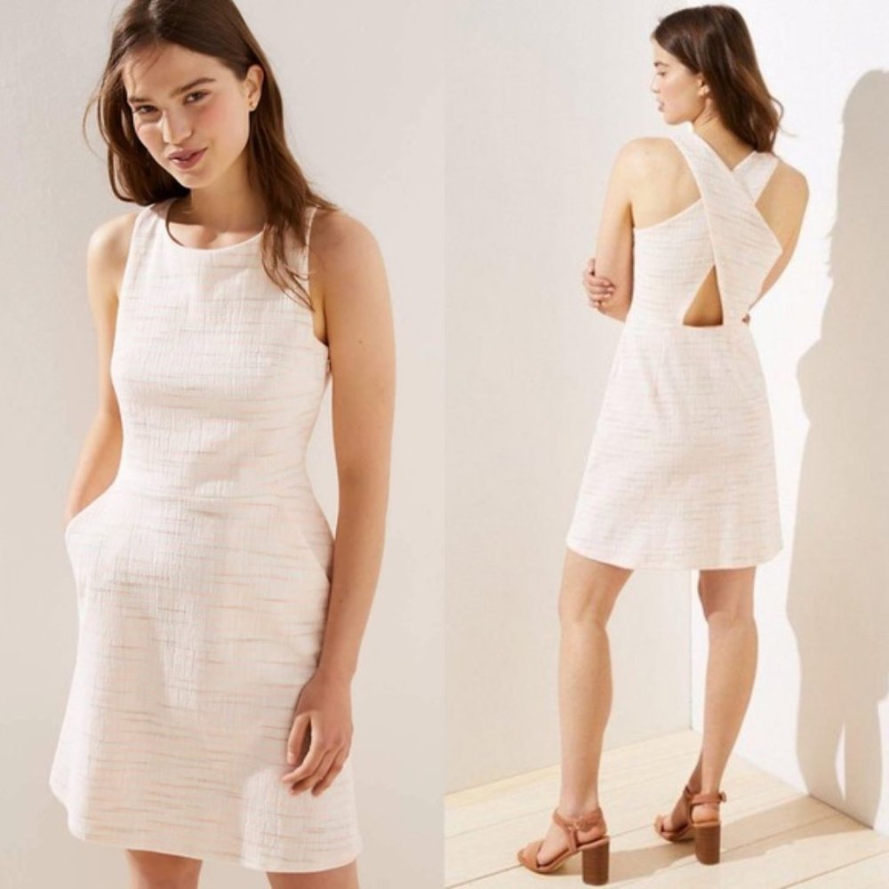 Loft Women's Sleeveless Criss Cross Back Pockets A-Line Dress Cream/Pink Size 6